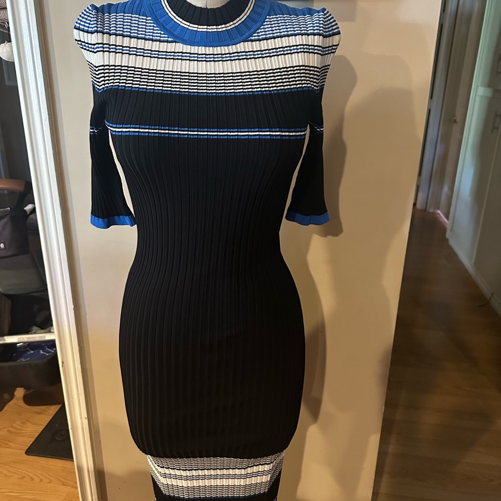 St. John Elegant Striped Black and Blue Knit Dress